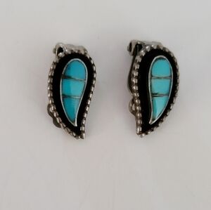 Vintage Sterling Silver Turquoise Inlay Tear Drop Clip-On Earrings